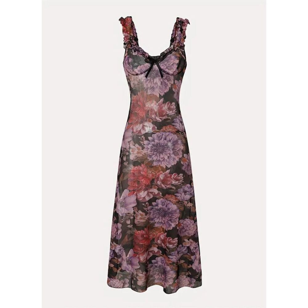 Floral Lace-Trim Maxi Dress in Mauve and Black